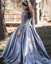 Dust Blue Wedding Dress Lace Long Sleeved Ball Gown Women Formal Evening Wedding Party Dress Wd0616 Blue Lace Wedding Dress Blue Wedding Dresses Dresses