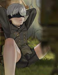 1boy blindfold bulge clothed clothing gublin light-skinned male  light skin male male focus male only nier nier: automata penis under  clothes sitting solo solo male spread legs white hair