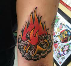 American Traditional Tattoo Tattoos Fire Campfire Flame Flames Rock Wood Burning Hawaii Camping Tattoo Fire Fire Tattoo Traditional Tattoo
