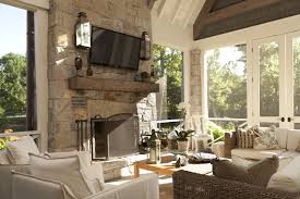 Ultimate Outdoor Living Screened Porch Timber Mantel Natural Light Sconces Outdoor Fireplace House With Porch Porch Fireplace Home