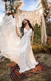 Modern Boho Wedding Dress With Linear Lace Details All Who Wander In 2020 Sheath Wedding Dress Wedding Dresses Boho Wedding Dress