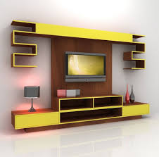 Contemporary Yellow Mixed Brown Wooden Tv Stand Cabinet And Wall Panel Combined With Grey Metallic Shade Table Lamp Rangement Salon Deco Maison Salon Moderne