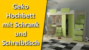 In das kuschelige bett gelangt man ganz einfach über die vier sprossen der seitlich angebrachten leiter. Geko Hochbett Mit Schrank Und Schreibtisch Alles In Einem Mobel Set Fur Das Kinderzimmer Youtube