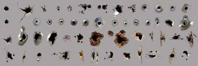 Realistic caliber weapon holes isolated on transparent background. Collections Bulletholes