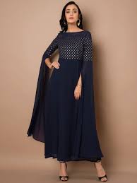 Buy Indya Women Navy Blue Printed Maxi Dress Dresses For Women 7118428 Myntra Designer Blouse Patterns Dress Indian Style Sleeves Designs For Dresses