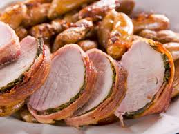Bacon Wrapped Pork Roast With Potatoes And Onions Recipe Bacon Wrapped Pork Food Network Recipes Pork Roast