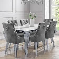 Buy White Mirrored Dining Table With 6 Chairs In Grey Velvet Louis From Furniture123 The Uk White Dining Room Table Grey Dining Room Table Grey Dining Room