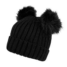 Black Beanie With Pom Pom Womens Women S Winter Chunky Knit Beanie Hat With Double Faux Fur Pom Pom Ears Black C2185xsgaht Knit Beanie Hat Faux Fur Pom Pom Warm Knits