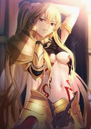 aora, gilgamesh (fate), fategrand order, fateprotoreplica, fate (series),  highres, 1girl, armor, blonde hair, body markings, breasts, earrings,  genderswap, genderswap (mtf), gold armor, jewelry, long hair, medium  breasts, navel, red eyes, revealing ...