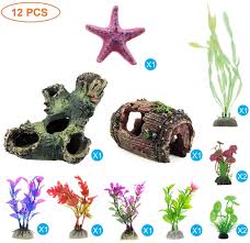 Greenjoy 12 Pack Aquarium Fish Tank Decorations Decor Set With Wood Cave Tree Trunk Barrel Hideouts Fish Tank Decorations Plastic Plants Aquarium Fish Tank