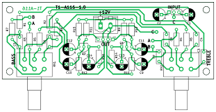 The pcb layout and components layout. Stereo Tone Controller With Transistors One Transistor