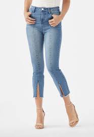 high rise front slit crop jeans in juniper blue get great