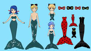 Family Dress Up Mermaid Ladybug Cat Noir Paper Dolls Costumes Papercrafts Youtube Paper Doll Costume Cat Noir Costume Paper Dolls