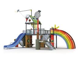 Nature Energy Park I Like The Rainbow Stairs Build As A Slide Coming Down From A Treehouse Playhouse On Stilts Kids Playground Playground Design Kids Energy