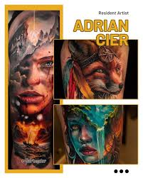 Award-winning Spanish tattoo artist, Adrian Cier, specializes in vibrant  colour realism. Tattooing professionally since 2010, Adrian's work is  rooted in his background as a graffiti artist, bringing boldness,  precision, and passion to
