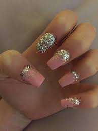Pink Silver Coffin Gel Acrylic Nails For Prom Ombre Sparkles Small Stones Pink Acrylic Nails Prom Nails Silver Prom Nails
