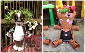 Gartendeko Tontopfen Basteln Figuren Hund Madchen Selbstgemachte Tongefasse Basteln Mit Tontopfen Tontopf Figuren