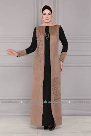 Moda Selvim Yelek Gorunumlu Suet Elbise Ygs6157 Vizon Musluman Modasi Abaya Tarzi The Dress