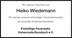 Traueranzeigen von Heiko Wiedemann | trauer.hersfelder-zeitung.de