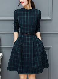 Plaid Long Sleeves A Line Knee Length Vintage Casual Dresses Knee Length Dresses Casual Casual Dress Womens Dresses