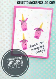 Birthday Card Ideas For Kids Unicorn Magical Wishes Thumbprint Unicorn Card Kid Craft Idea Unicorn Card Unicorn Birthday Cards Babysitting Crafts