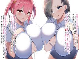 sakidesu, original, highres, translated, 2girls, blue eyes, breasts, brown  hair, huge breasts, japanese text, looking at viewer, lotion, multiple  girls, paizuri invitation, red eyes, red hair - Image View - | Gelbooru -