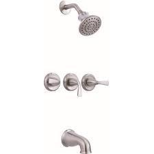Get free shipping on qualified triple handle bathtub & shower faucet combos or buy online pick up in store today in the bath department. Premier Part 834cx 3004 Premier Sanibel 3 Handle 1 Spray Tub And Shower Faucet In Brushed Nickel Tub Shower Faucet Sets Home Depot Pro
