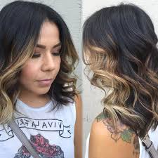 Wavy Black Hair With High Contrast Copper Balayage Blonde Hair Tips Baylage Hair Black Wavy Hair