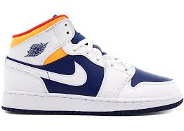 This pair is brand new in box! Jordan 1 Mid White Laser Orange Deep Royal Blue Gs 554725 131
