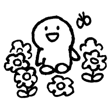 花に囲まれて 丸さんはお花畑にいます cute art illustration monochrome イラスト 手描きイラスト ゆるい かわいい 素材 イラスト 花 イラスト 手描きイラスト