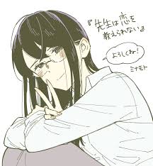 yoshitaka rinko, sensei wa koi wo oshierarenai, highres, 1girl, black hair,  blouse, blush, collared shirt, glasses, minamoto4696, shirt, smile, solo,  teacher, v, white background, white shirt - Image View - | Gelbooru -