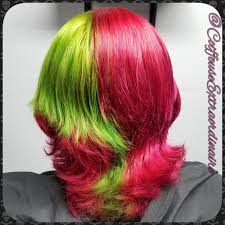 Hot Pink And Lime Green By Coiffeuseextraordinaire Pinkhair Greenhair Green Hair Long Hair Styles Hair Styles