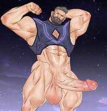 balls bara beard big balls big penis boner erection facial hair  flexing flexing bicep game freak gay hand behind head male male only  milkywaybara muscles muscular nintendo npc trainer
