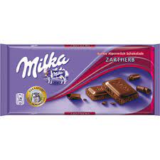 Sweet chocolate (dark) chocolate that contains a minimum of 15% chocolate liquor and less than 12% milk solids with varying amounts of sweeteners and cocoa butter. Milka Dark Chocolate