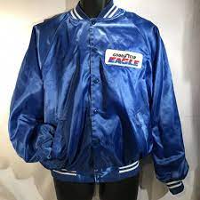 Goodyear Eagle Vtg 1980s K Brand Blue Satin Snap Button Jacket Mens L Usa Made Kbrand Satinjacket Casual Jacket Buttons Satin Jackets Blue Denim Jacket