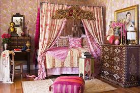 Master bedroom collection, modern and luxury bed group sets. Magnificent Bedroom Feminine Bedroom Furniture Chic Style Asian Mixed Patterns Bright Colors Side Table Floor Cushion Apothecary Wall