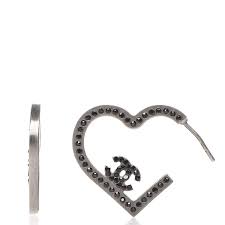 Chanel Ruthenium Crystal Cc Heart Hoop Earrings Black 238827 Fashionphile
