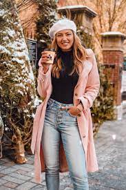 Winter Outfit Yumi Kim Double Agent Pink Coat White Beret High Waisted Joe S Jeans Lulu S Black Black Turtleneck Outfit Turtleneck Outfit Black Turtleneck