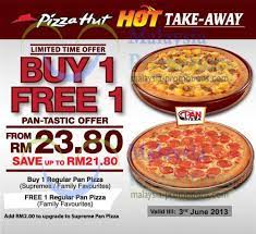 Promotion is valid till 25th march and available for both takeaway and delivery orders with min. Pizza Hut 1 For 1 Takeaway Promo 24 May 3 Jun 2013