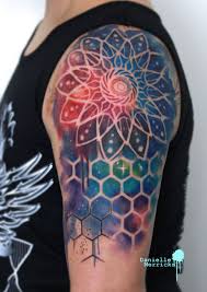 My First Tattoo A Cosmic Themed Watercolour With A Mandala And Hexagon Patterns Using Negative Space Tattoos First Tattoo Geometric Tattoo
