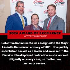 Congratulations to Detective Robin Ducote for receiving a 2024 Award of  Excellence at our 8th Annual Law Enforcement Appreciation Awards Luncheon!  Her tenacity in solving complex cases, like the recent shootings at