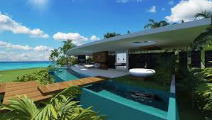 Resorts Villas In Tahiti For Honeymoon Couple With Pool Spa In Rainforest On The Beach Open Bath L Beach House Design Modern Beach House House Designs Exterior