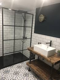 Black And White Tile Bathroom Shower Industrial Bathroom Black Shower Screen Black Shower Head White Tiled Bathroom Wooden Bathroom Bench In 2020 With Images Wooden Bathroom Vanity Black Bathroom Rain Shower Bathroom