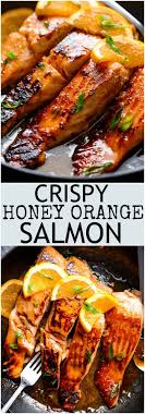 Crispy Honey Orange Glazed Salmon Fillets Are Pan Fried In The Most Beautiful Honey Orange Garlic Sauce With A Sp Seafood Recipes Salmon Dishes Salmon Recipes