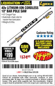 Lynxx 40v Lithium Cordless Pole Saw For 144 99 In 2020 Harbor Freight Tools Pole Saw Coupon Book