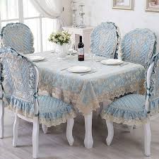 European Luxury Dining Table Cloth Blue Rectangle Table Cover Lace Silk Fabrics Embroidered Tablecloth Set Dining Table Cloth Table Cloth Luxury Dining Tables