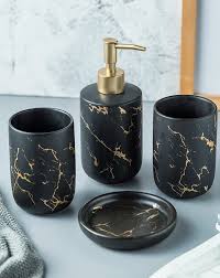 Transform your bathroom into a relaxing spa with our range of luxury bathroom accessories. Black Gold Marble Style Ceramic Bathroom Accessory Kit Toothbrush Ho House Boutique Black And Gold Marble Soap Dispenser Marble Bathroom