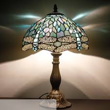 Tiffany Lamp Sea Blue Stained Glass And Crystal Bead Dragonfly Style Table Lamps Height 18 Inch For Coffee Ta Table Lamp Shades Tiffany Lamps Floor Table Lamps