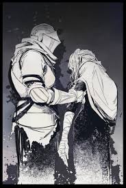 6cheetah, ashen one (dark souls), fire keeper, dark souls (series), dark  souls iii, absurdres, highres, 1girl, 1other, ambiguous gender, armor,  bandaged arm, bandages, black background, black border, border, capelet,  dress, facing another,