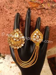 Golden Coloured Kundan Stone Embellished Chained Adjustable Two Fingers Ring Stone Studs Jewelry Sales Finger Rings